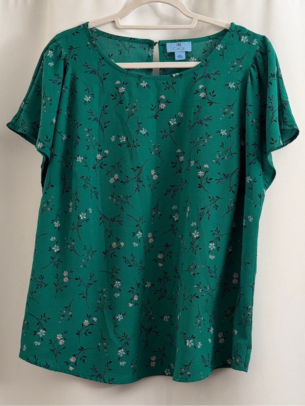 CeCe Teal Green Floral Short Sleeve Blouse